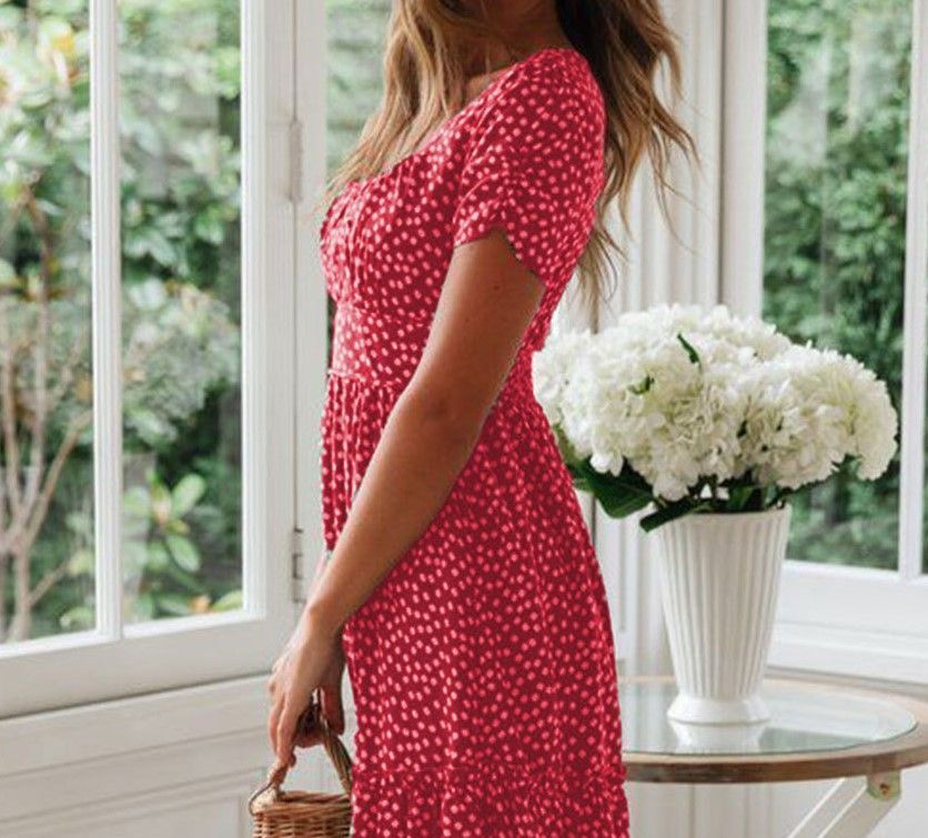 Kurzärmliges Midi-Hängerkleid in A-Linie mit Blumenmuster, eckigem Ausschnitt und YS1003