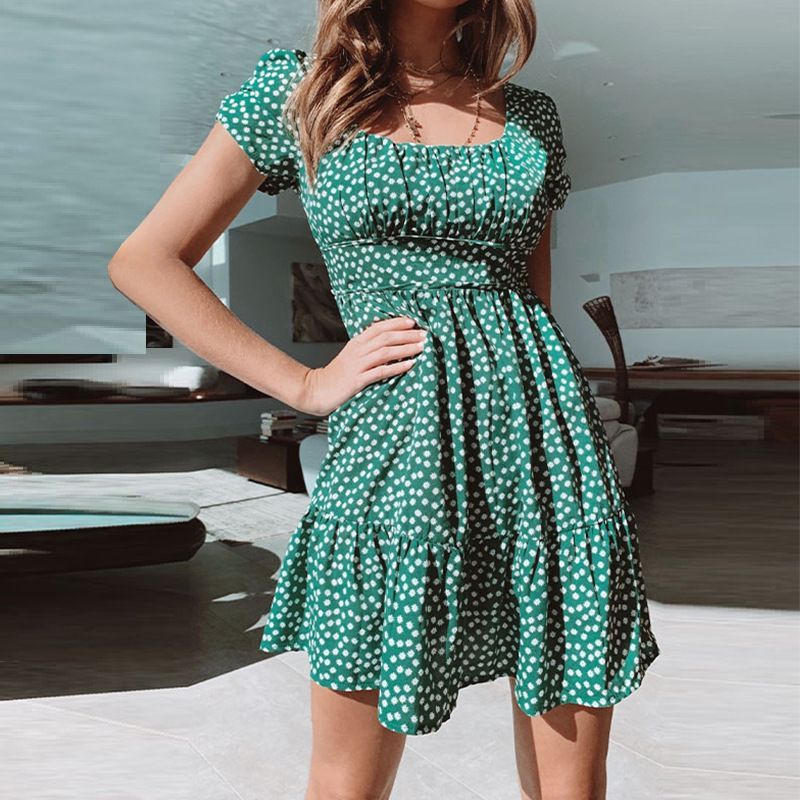Kurzärmliges, gepunktetes Mini-A-Linien-Kittelkleid mit U-Ausschnitt YS10011
