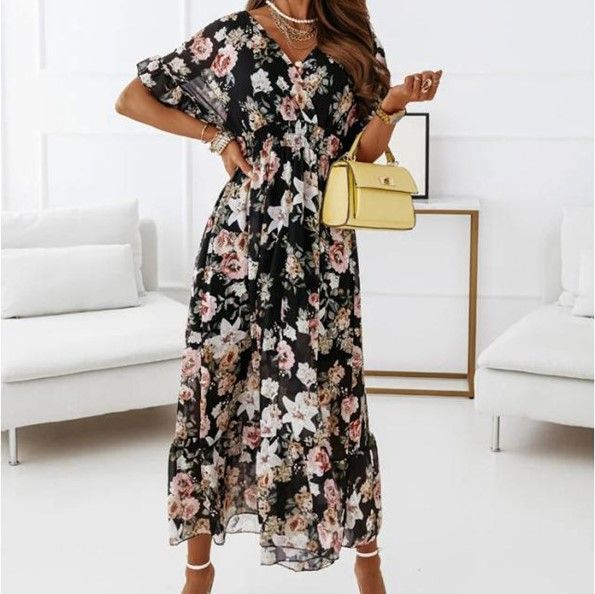 V-Neck Floral Midi A-Line Dress YS10036