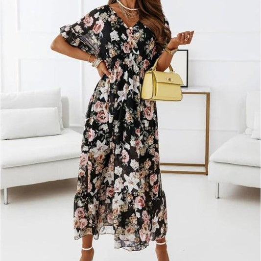 V-Neck Floral Midi A-Line Dress YS10036