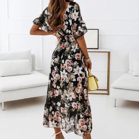 V-Neck Floral Midi A-Line Dress YS10036