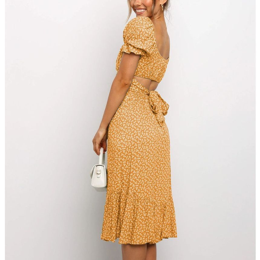 Set: Puff-Sleeve Floral Print Cropped Blouse + Midi A-Line Skirt YS1001