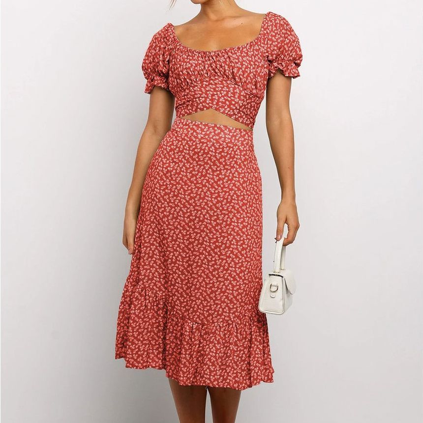 Set: Puff-Sleeve Floral Print Cropped Blouse + Midi A-Line Skirt YS1001