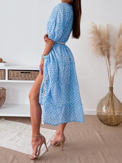 Puff-Sleeve Print V-Neck Midi Dress vb46