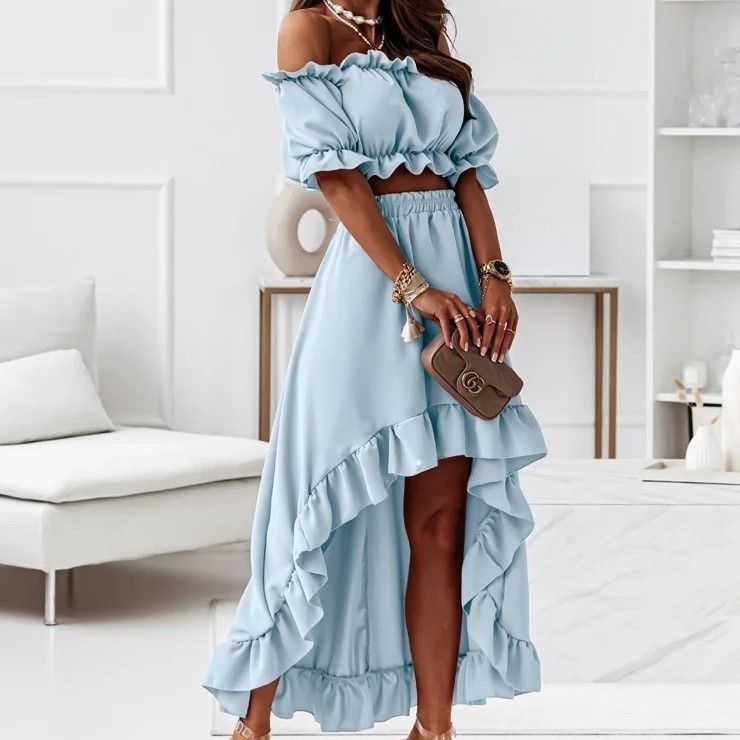Set: Plain Off-Shoulder Ruffle-Trim Cropped Blouse + Plain High-Waist Ruffle-Trim Skirt AH027