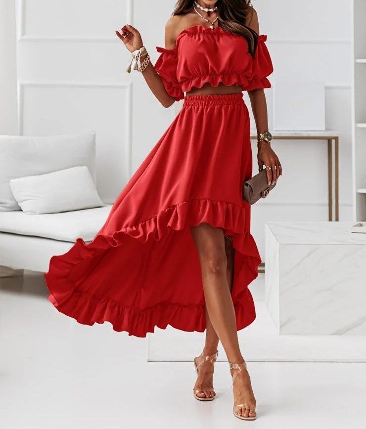 Set: Plain Off-Shoulder Ruffle-Trim Cropped Blouse + Plain High-Waist Ruffle-Trim Skirt AH027