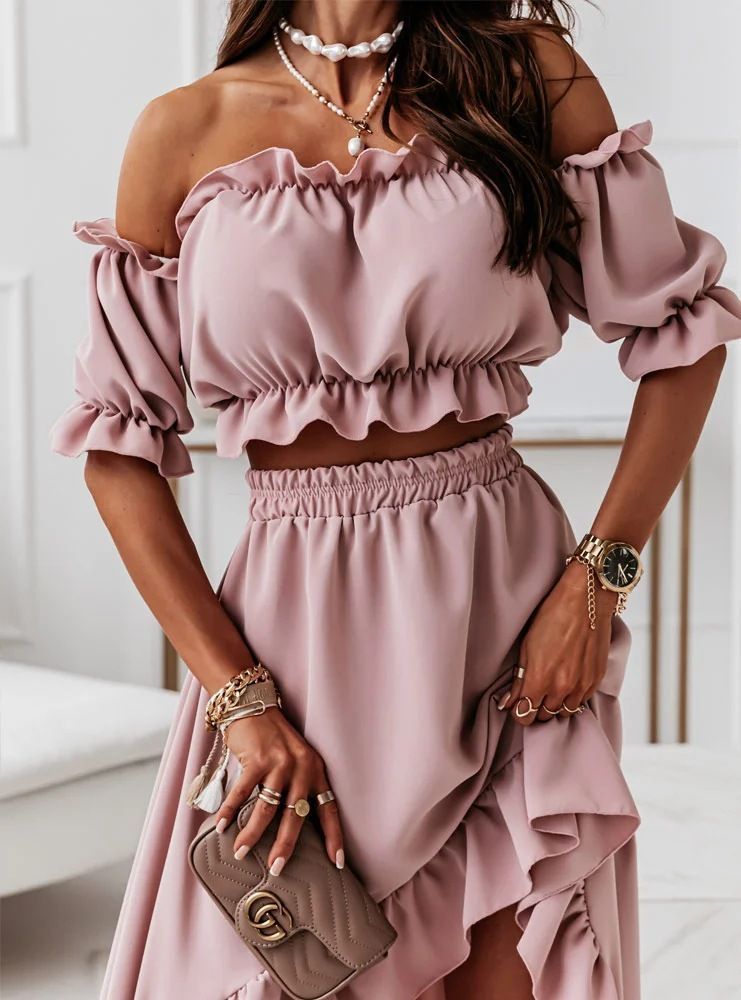 Set: Plain Off-Shoulder Ruffle-Trim Cropped Blouse + Plain High-Waist Ruffle-Trim Skirt AH027