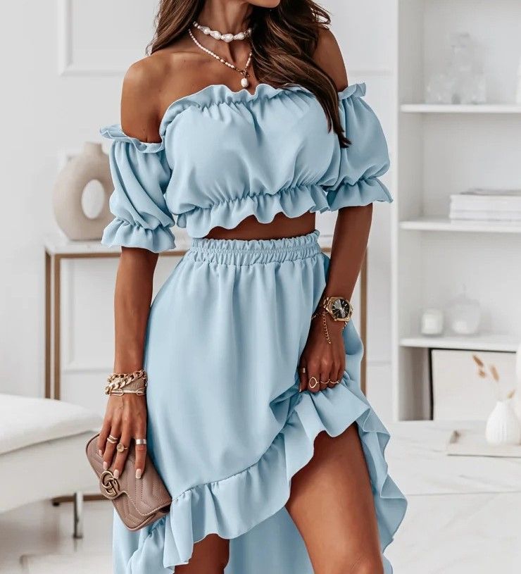 Set: Plain Off-Shoulder Ruffle-Trim Cropped Blouse + Plain High-Waist Ruffle-Trim Skirt AH027