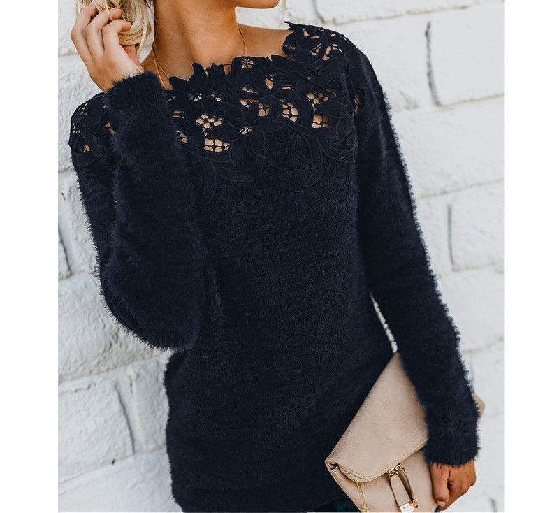 Long-Sleeve Lace Panel Fluffy Knit Top CA10 AH017