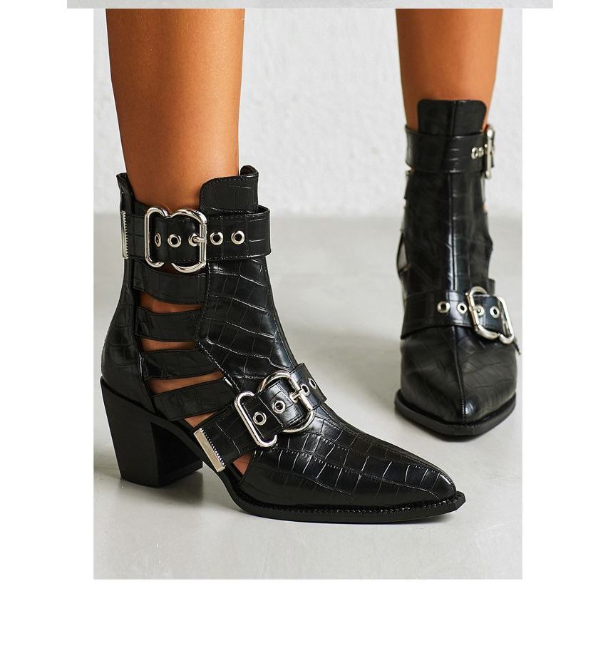 Buckled Cutout Chunky-Heel Short Boots AH741