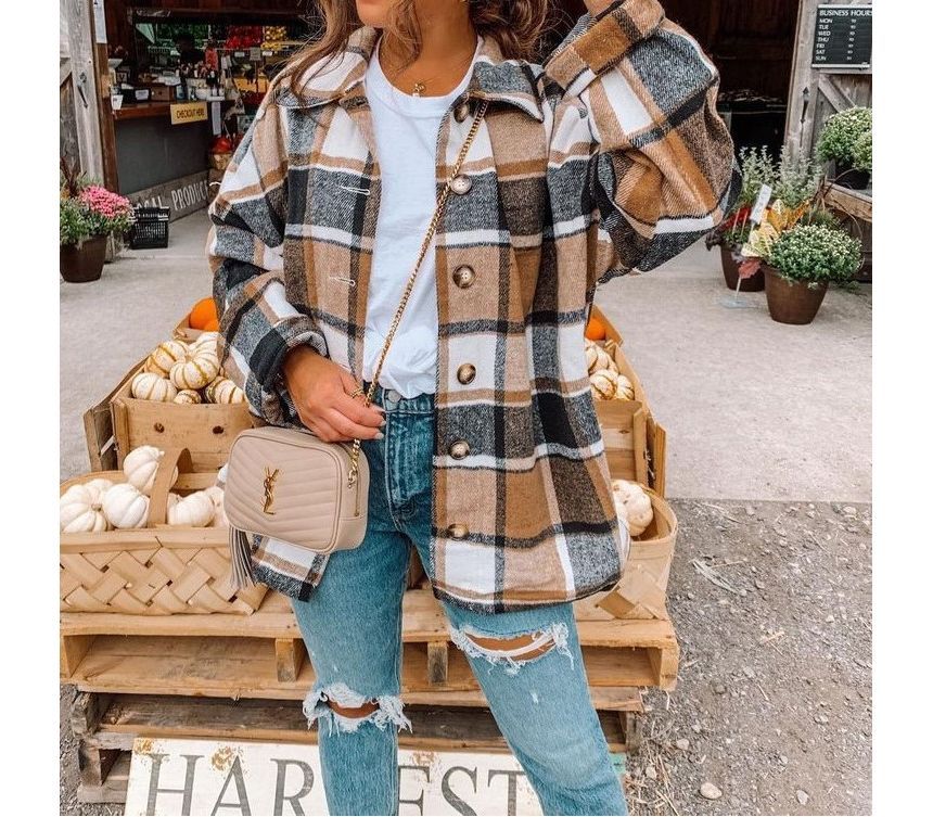 Button-Up Plaid Shirt Jacket YS1007