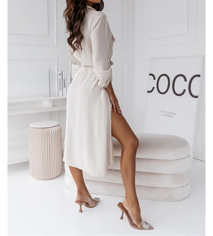 Long-Sleeve Plain Tie-Front Midi Shirtdress OP48