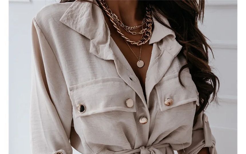 Long-Sleeve Plain Tie-Front Midi Shirtdress OP48