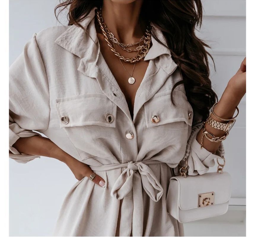 Long-Sleeve Plain Tie-Front Midi Shirtdress OP48