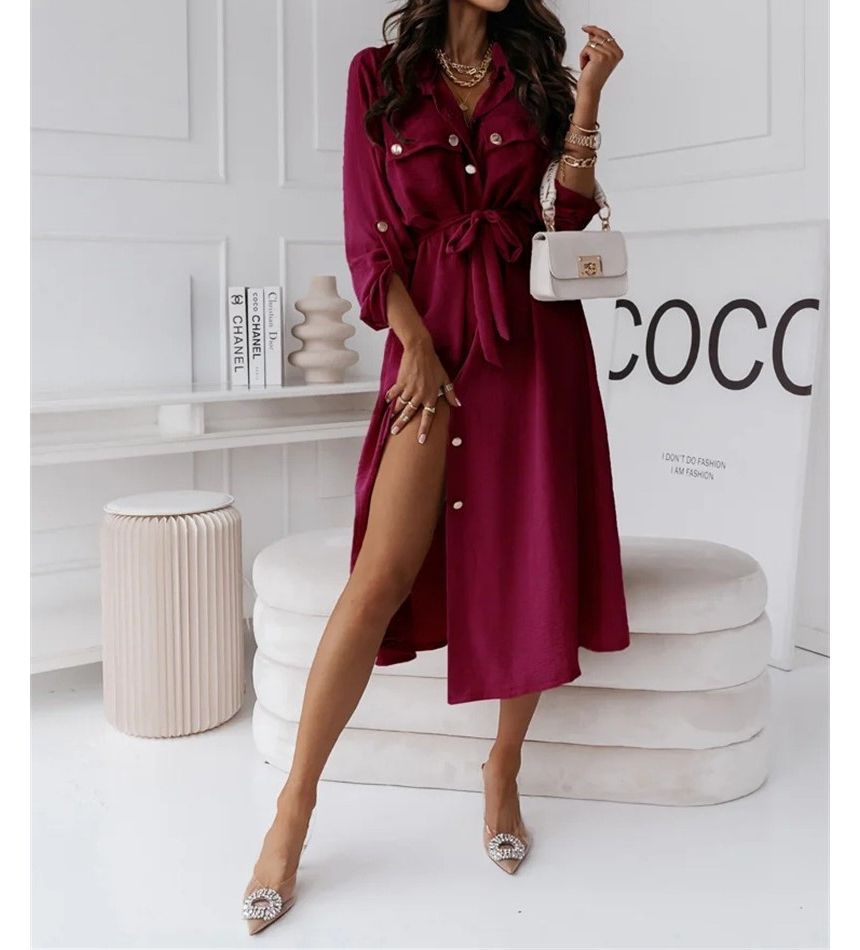 Long-Sleeve Plain Tie-Front Midi Shirtdress OP48