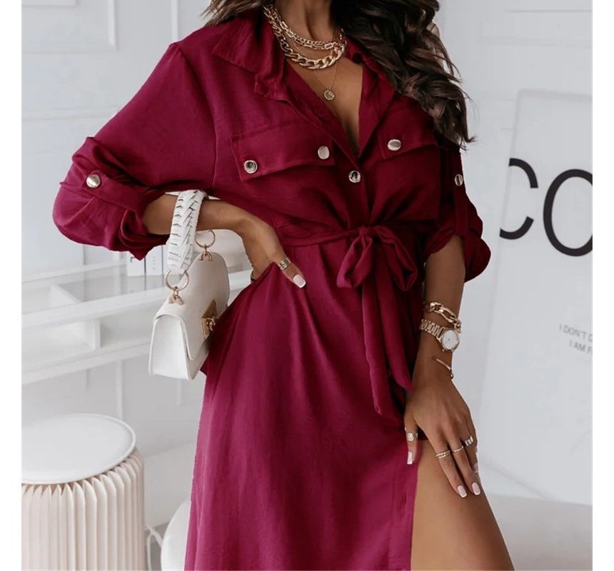 Long-Sleeve Plain Tie-Front Midi Shirtdress OP48