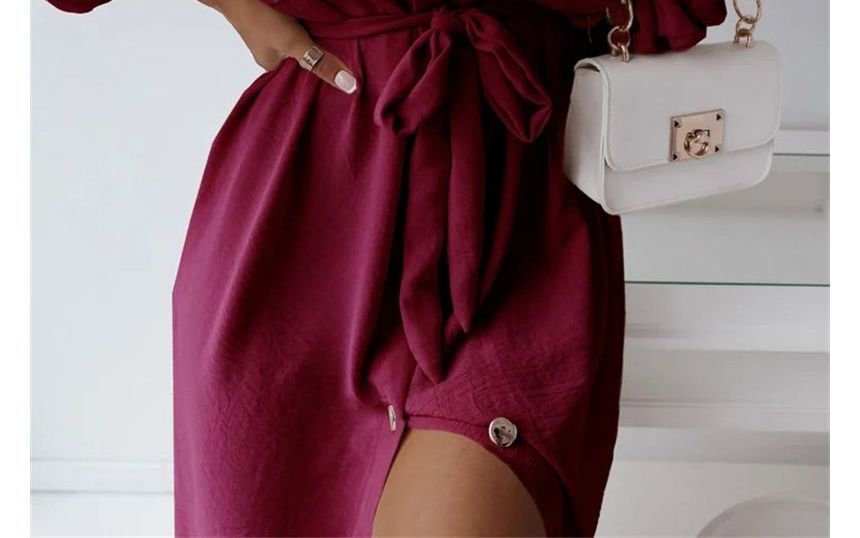 Long-Sleeve Plain Tie-Front Midi Shirtdress OP48