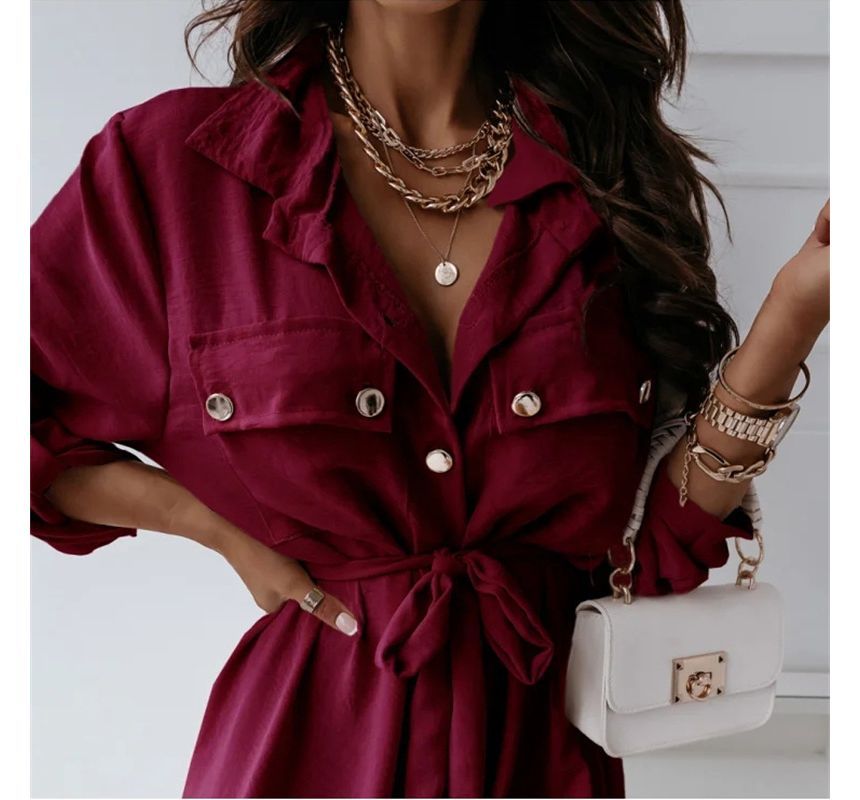 Long-Sleeve Plain Tie-Front Midi Shirtdress OP48