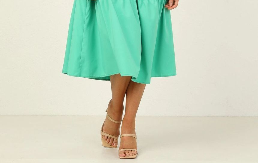Puff-Sleeve Plain Open Back Midi A-Line Dress vb51