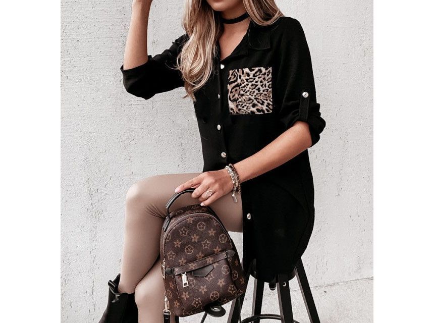 Long-Sleeve Leopard Print Panel Tunic Shirt OP46