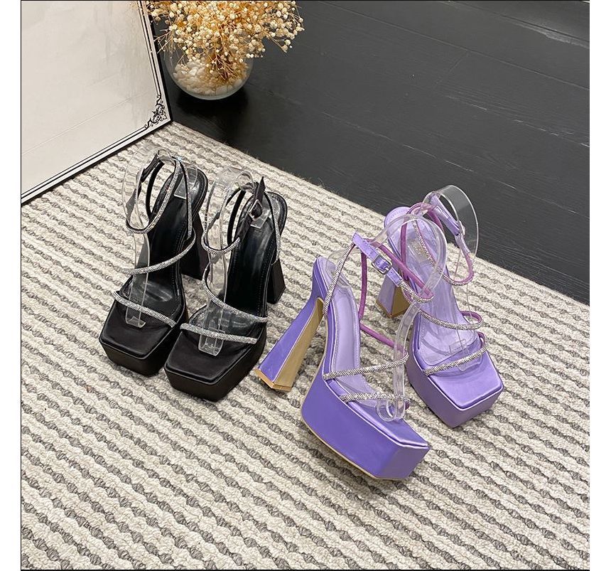 Rhinestone Ankle Strap Platform Chunky Heel Sandals AE1050