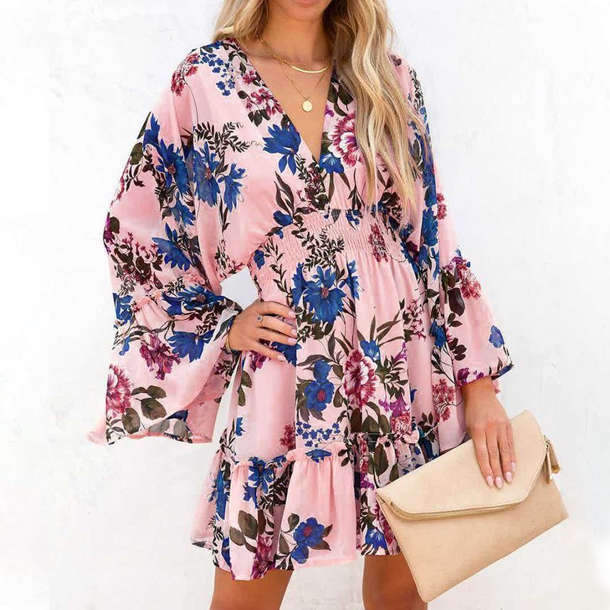Long-Sleeve V-Neck Floral Mini A-Line Dress AH445