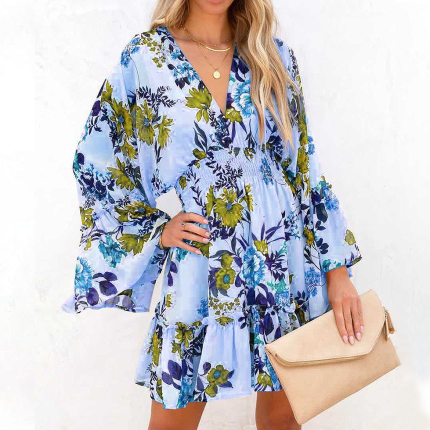 Long-Sleeve V-Neck Floral Mini A-Line Dress AH445