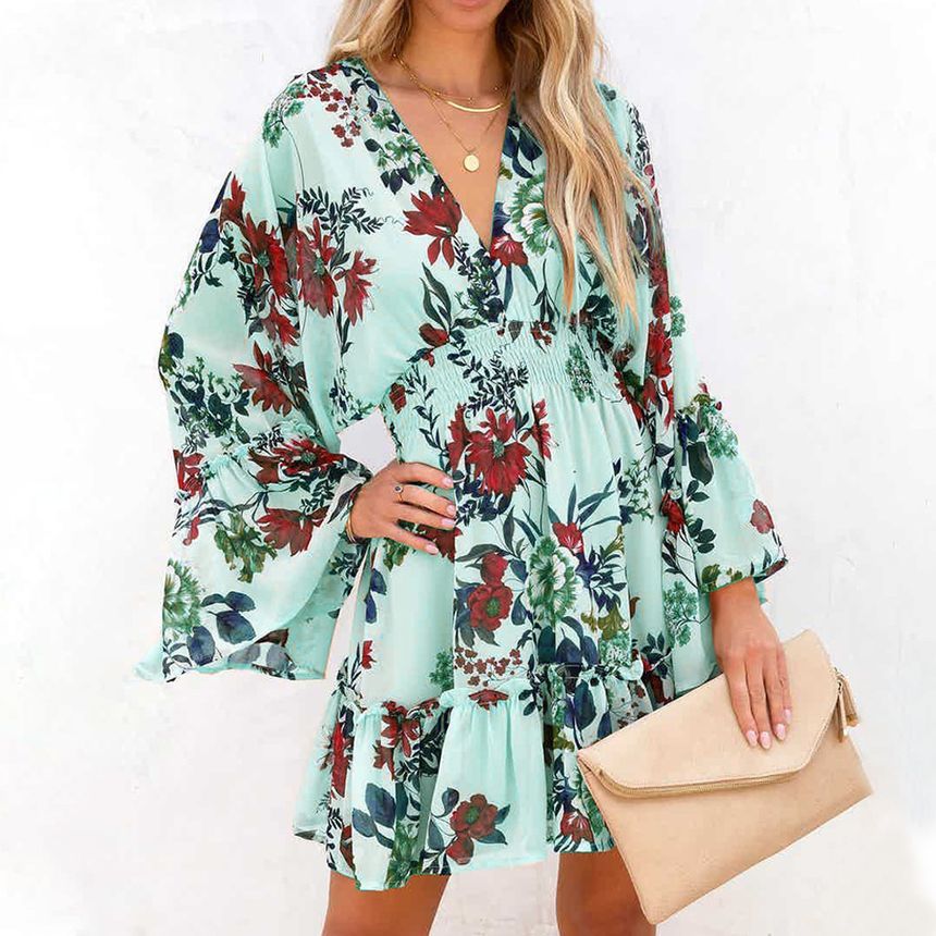 Long-Sleeve V-Neck Floral Mini A-Line Dress AH445