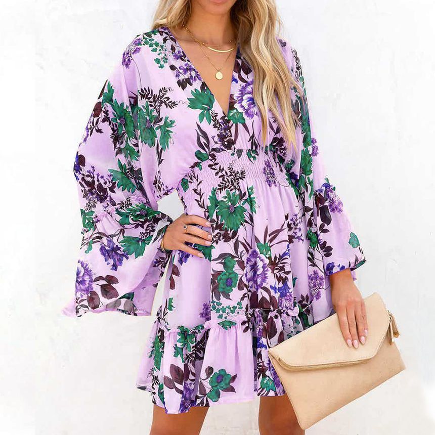 Long-Sleeve V-Neck Floral Mini A-Line Dress AH445