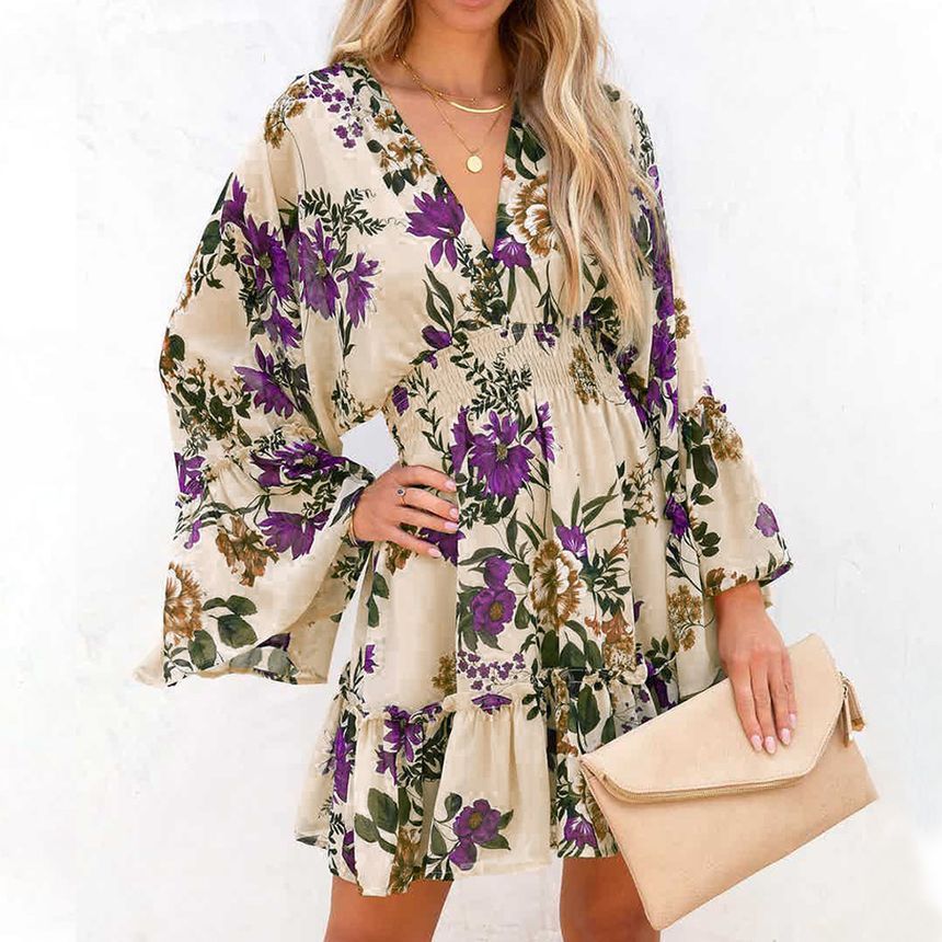 Long-Sleeve V-Neck Floral Mini A-Line Dress AH445