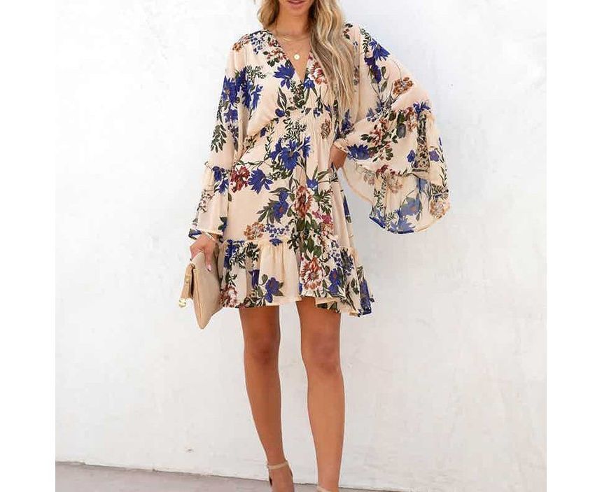 Long-Sleeve V-Neck Floral Mini A-Line Dress AH445