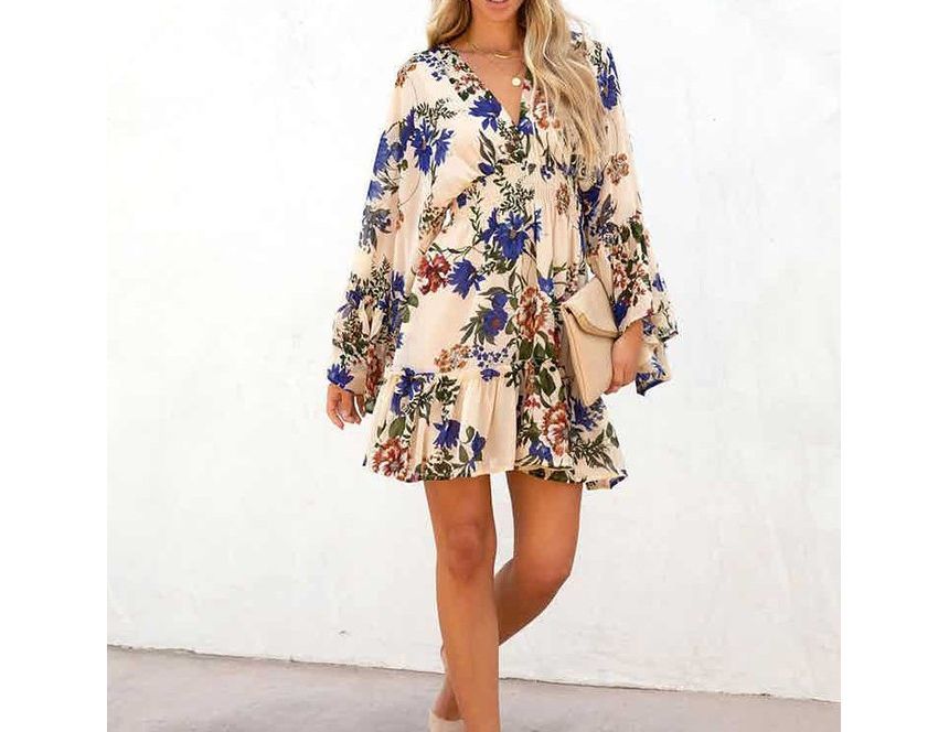 Long-Sleeve V-Neck Floral Mini A-Line Dress AH445