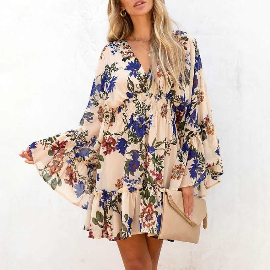 Long-Sleeve V-Neck Floral Mini A-Line Dress AH445