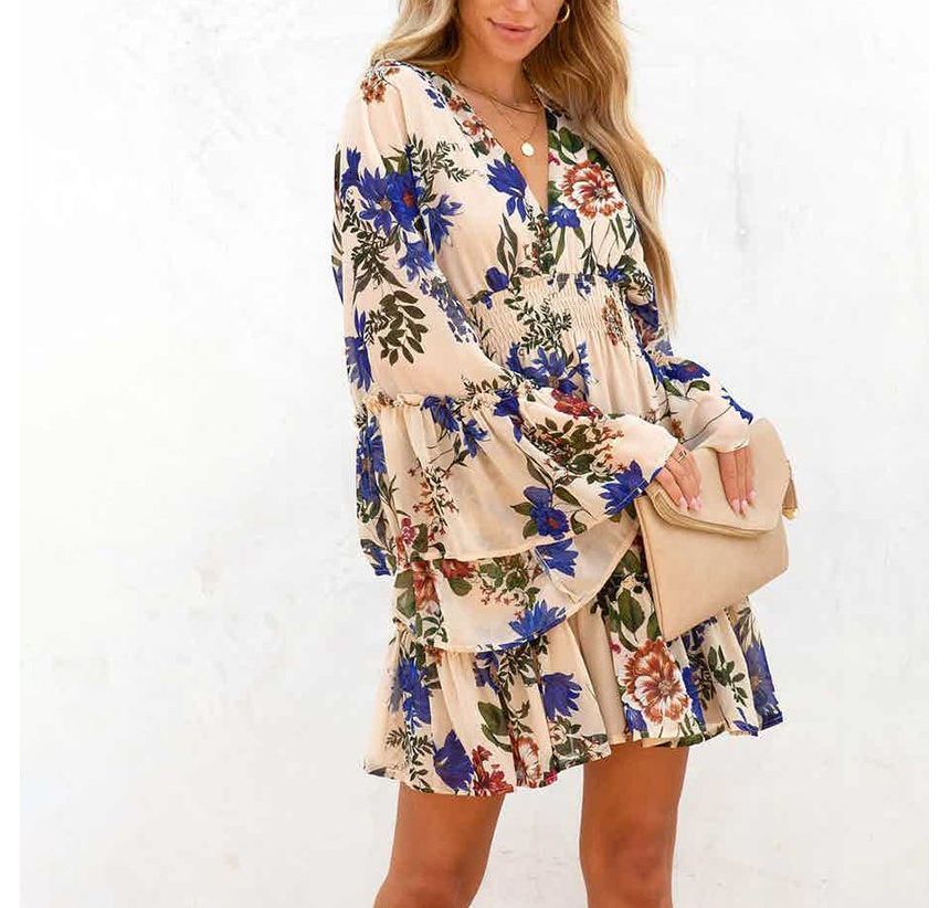 Long-Sleeve V-Neck Floral Mini A-Line Dress AH445