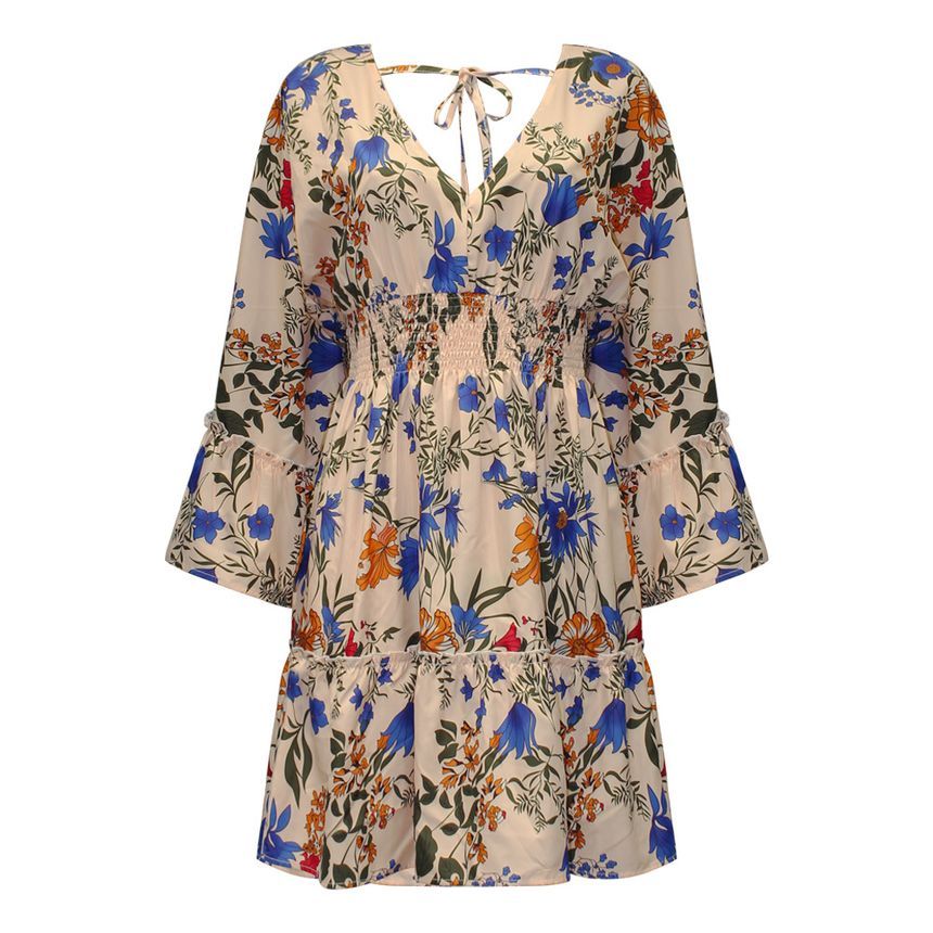 Long-Sleeve V-Neck Floral Mini A-Line Dress AH445