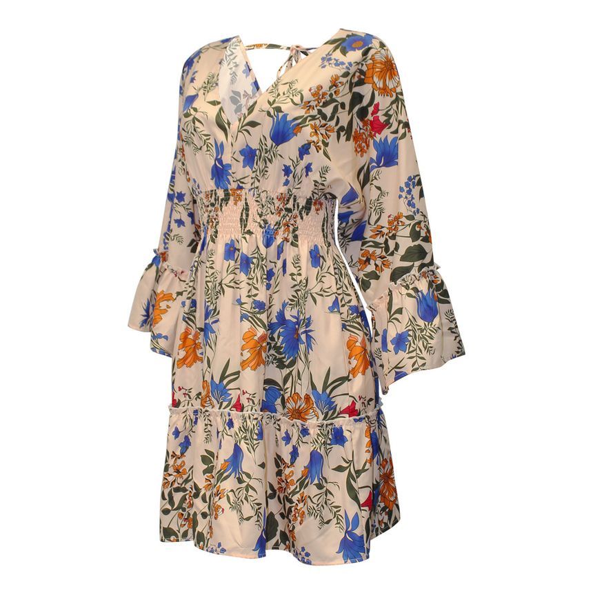 Long-Sleeve V-Neck Floral Mini A-Line Dress AH445