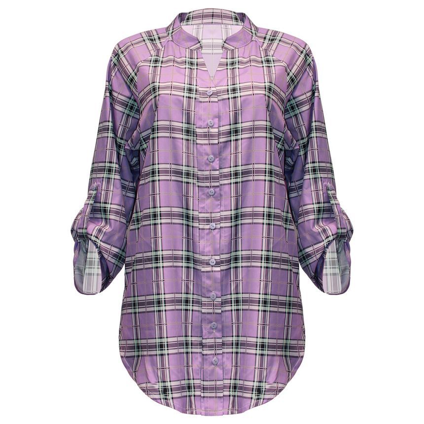 Long-Sleeve Plaid Mini Shirt Dress CA23