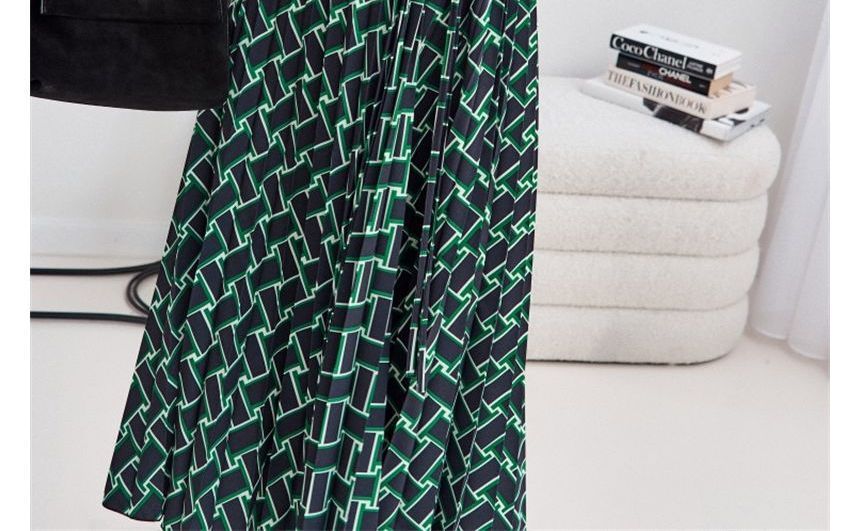 Long-Sleeve Collar Print Slit Sashed Midi A-Line Dress OP59