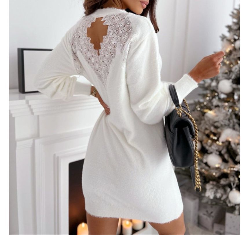 Round Neck Plain Open Back Lace Panel Mini Sheath Sweater Dress OP70