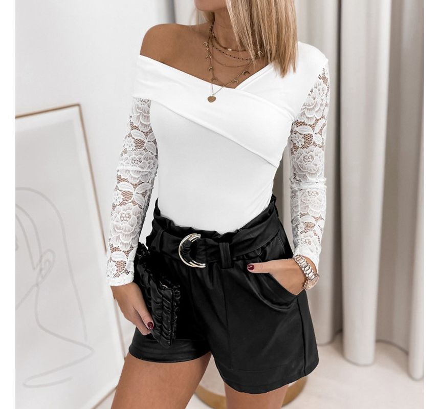 Long-Sleeve V-Neck Plain Lace Panel Slim Fit T-Shirt OP60