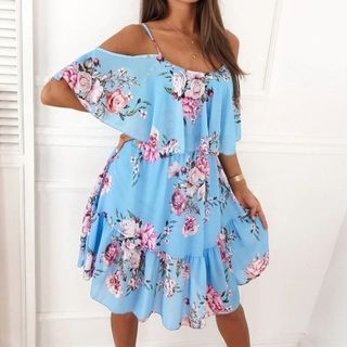 Schulterfreies Mini-A-Linien-Kleid mit Blumenmuster YS10024