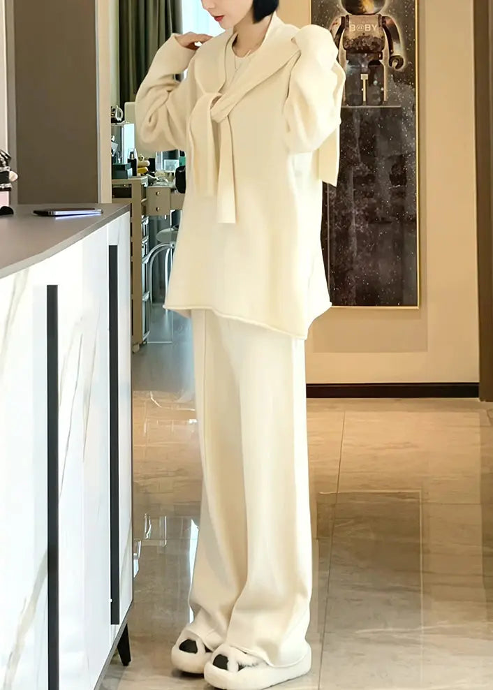 Loose Beige O Neck Side Open Cotton Knit Cape Three Piece Set Fall Ada Fashion