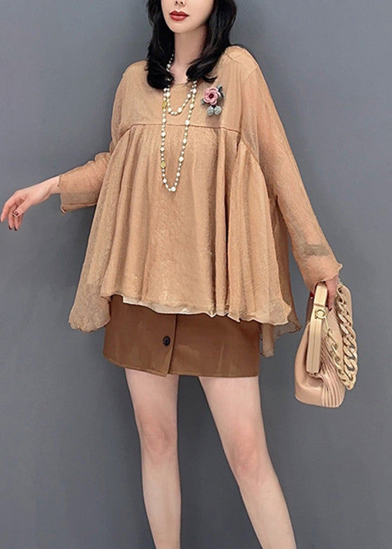 Lose Khaki O-Ausschnitt Patchwork Tüll Tops Langarm