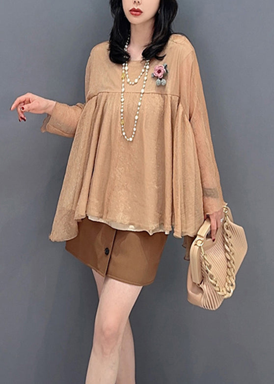 Lose Khaki O-Ausschnitt Patchwork Tüll Tops Langarm