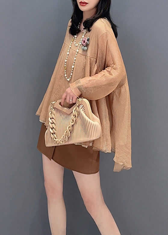 Lose Khaki O-Ausschnitt Patchwork Tüll Tops Langarm