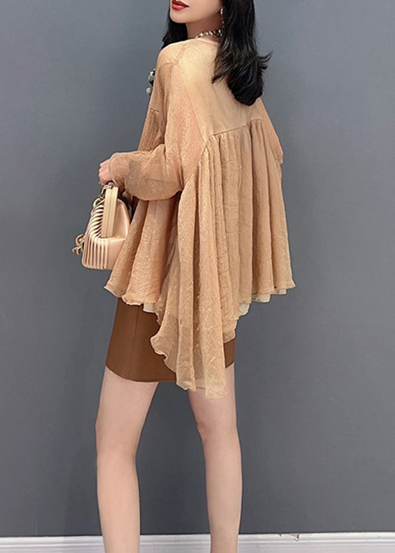 Lose Khaki O-Ausschnitt Patchwork Tüll Tops Langarm