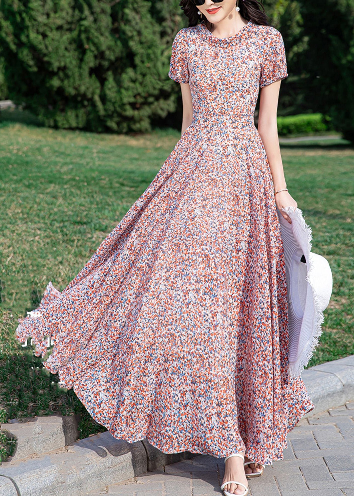 Loose Stand Collar Print Tunic Chiffon Long Dress Summer LY1710