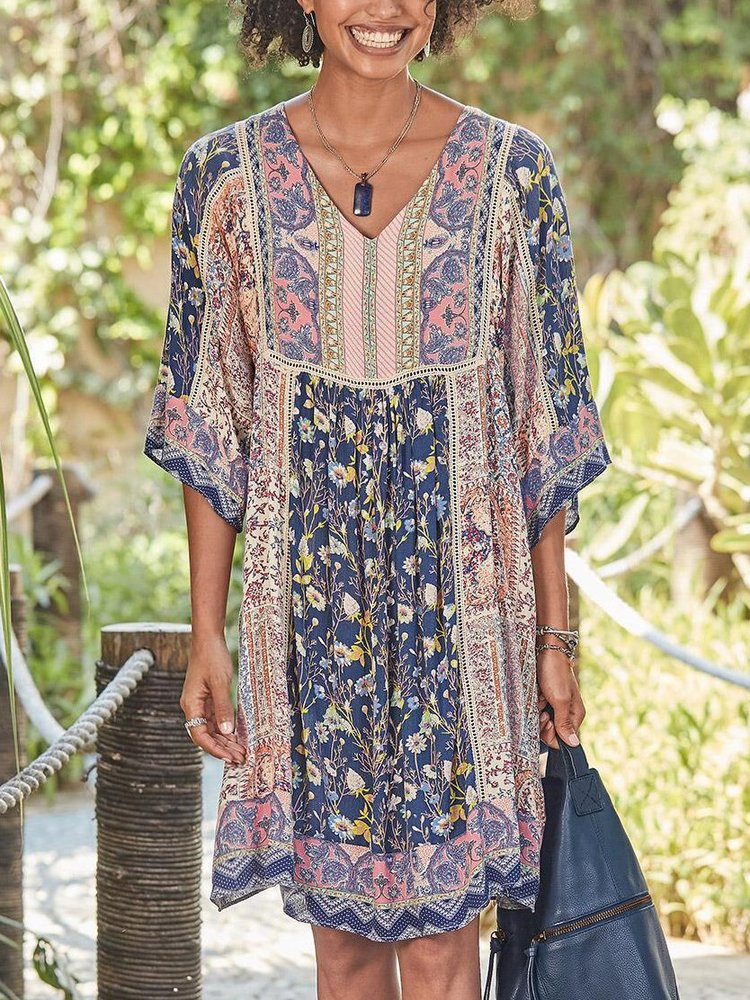 Half Sleeve Casual Cotton-Blend V Neck Weaving Dress QU103