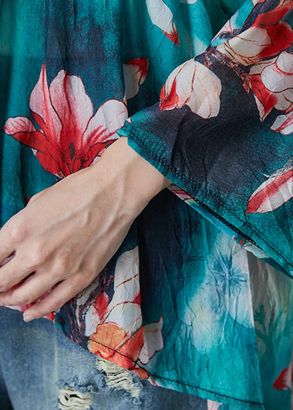 Modern Green Oversized Floral Print Cotton Tops Fall Ada Fashion