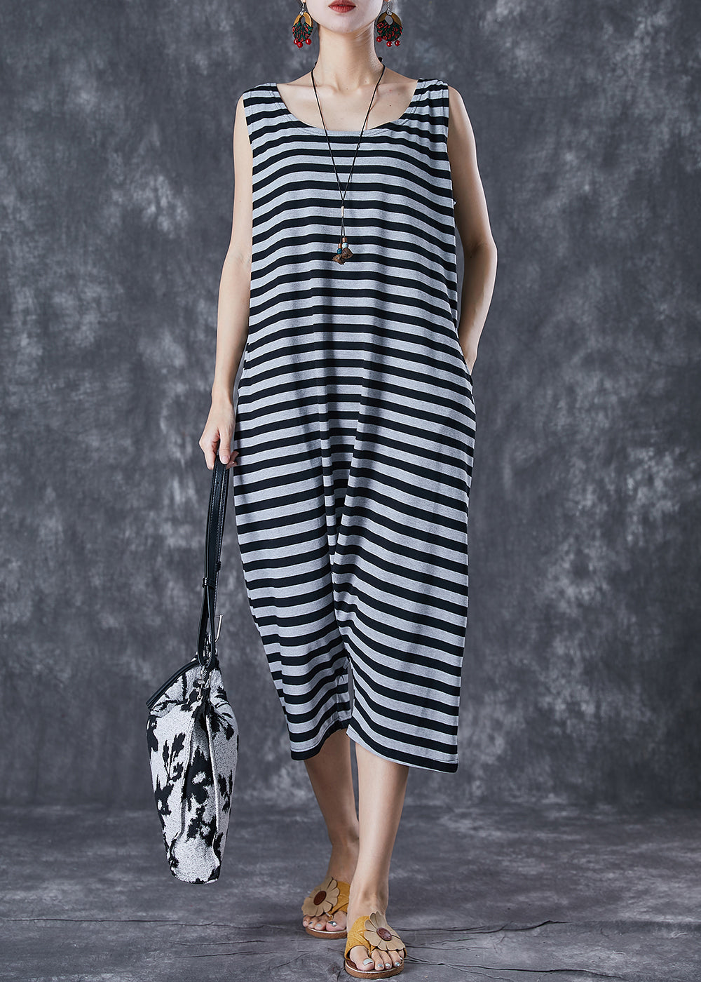 Modern Grey O-Neck Striped Cotton Overalls Jumpsuit Sleeveless LY7096